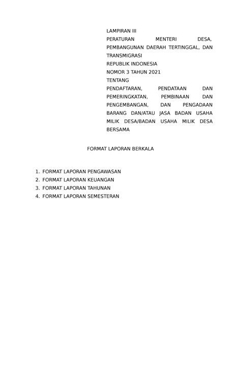 Lampiran Iii Format Laporan Bumdes Lampiran Iii Peraturan Menteri