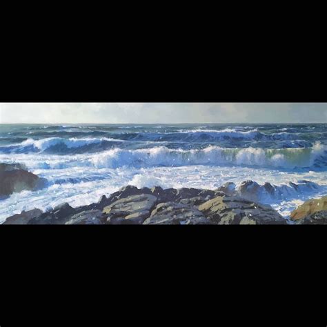 An Oil Painting Of Waves Crashing On Rocks