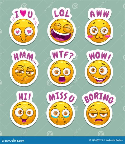 Funny Cartoon Stickers With Yellow Emoji Face And Text Stock Vector