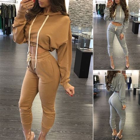 Women Casual Co Ord Set Ladies Long Sleeve Hoodie Crop Top Pant