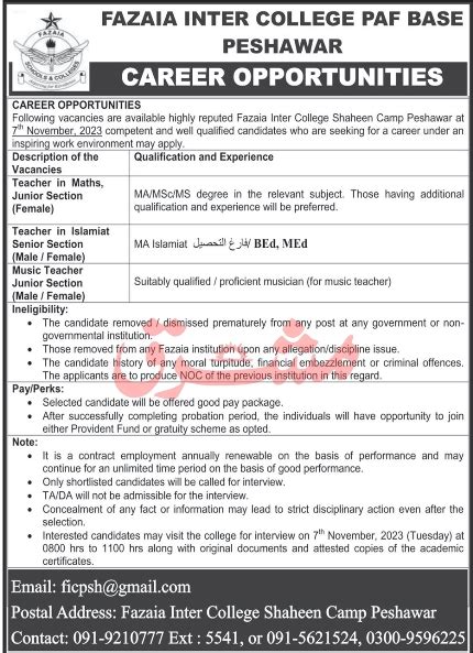 Fazaia Inter College Peshawar Announces Teaching Jobs