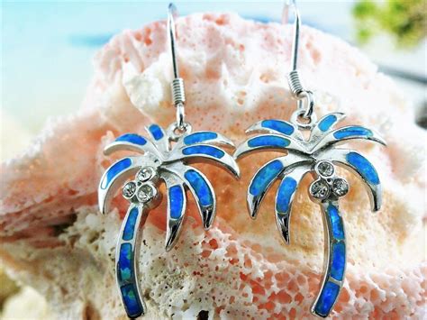 Silver Palm Tree Earrings 1 3 8 Long Rhodium Finish Sterling Opal CZ