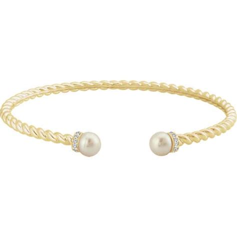 14k Yellow Gold Freshwater Cultured Pearl Diamond Bangle Bracelet Jj652358y