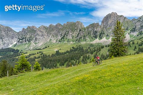 senior woman e mountain biking in the swiss Alps 이미지 1256995847 게티이미지뱅크