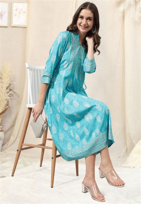 Buy Printed Rayon Aline Kurta In Blue Online TAH87 Utsav Fashion