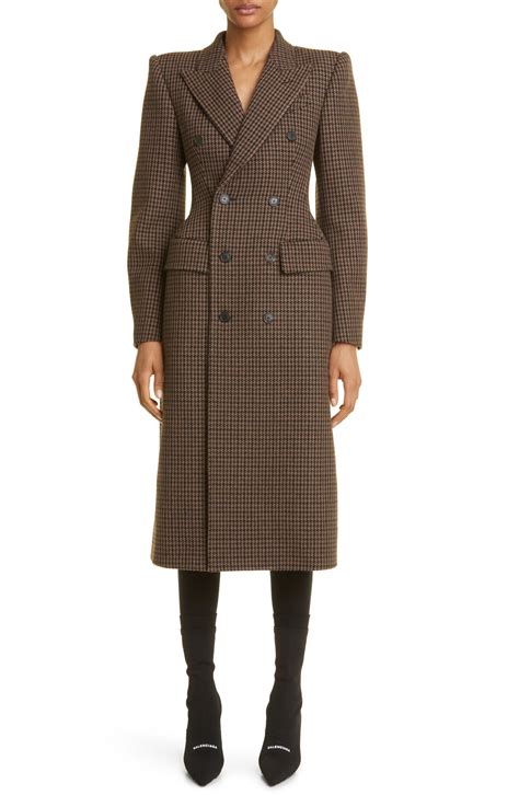 Balenciaga Hourglass Houndstooth Wool Blend Coat Brown Beige