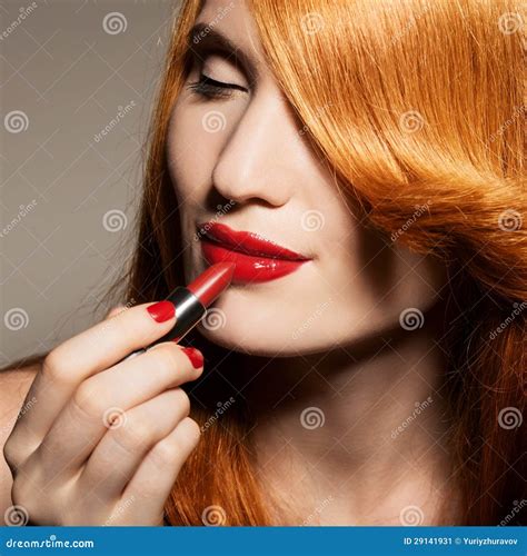 Portrait Of Beautiful Woman With Red Lipstick Stock Image Image Of