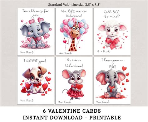 Valentine Cards for Kids Printable, Kids Valentine Cards, 6 Animal ...