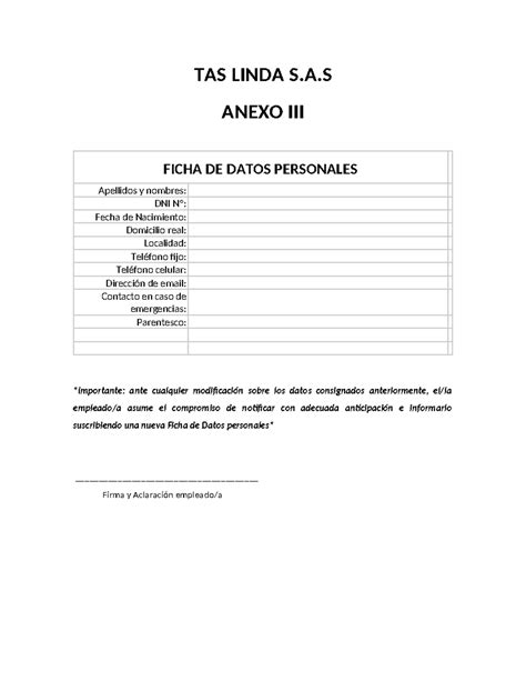 Ficha Datos Personales TAS LINDA S A ANEXO III FICHA DE DATOS