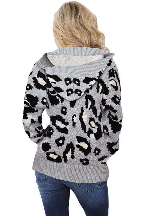 Gray Long Sleeve Button Up Hooded Leopard Print Cardigan Leopard Print