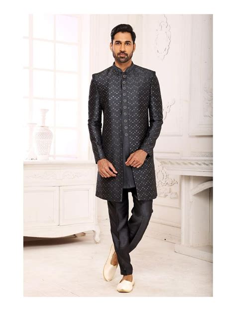 Nawabi Indo Western Sherwani Online Buy Dark Grey Designer Nawabi