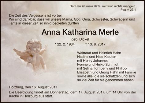 Traueranzeigen Von Anna Katharina Merle Trauer HNA De