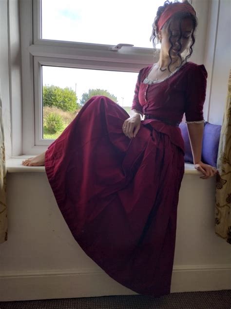 18th Century Two Piece, Red Cotton Dress, 100% Cotton, Full Length Skirt, Front Fastening Top ...