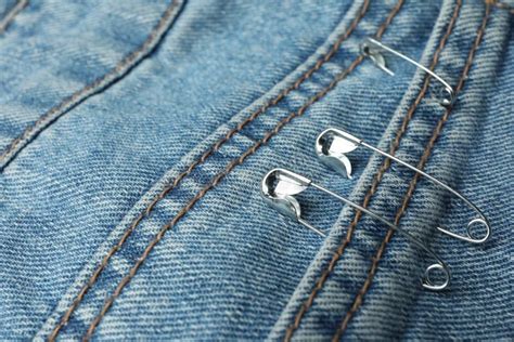 Closeup View Of Metal Safety Pins On Clothing Stock Image Image Of