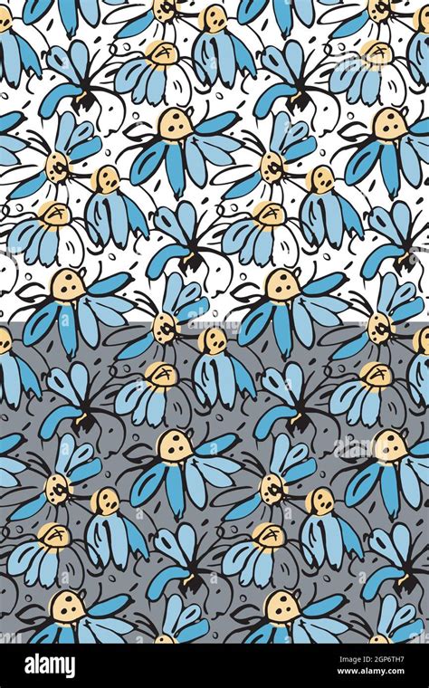 Chamomile Floral Vector Seamless Pattern Hand Drawn Black Ink Brush