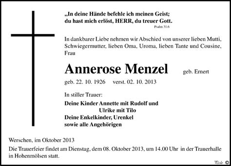 Traueranzeigen Von Annerose Menzel Abschied Nehmen De