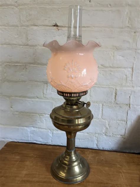 VINTAGE DUPLEX OIL Lamp With Pink Flower Shade Antique Decor