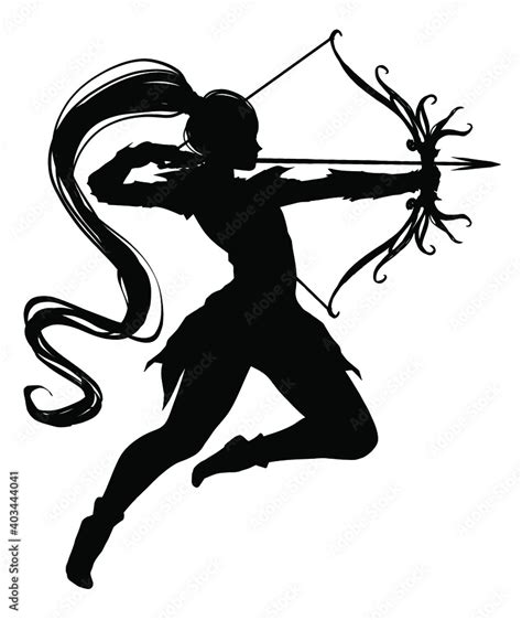 Silhouette Girl Archer Elf In A Dynamic Graceful Jump Pulls An Arrow