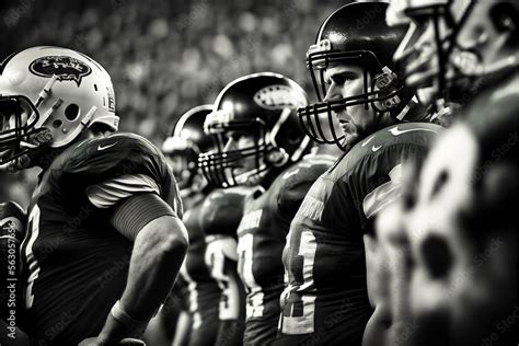 Football Player Line Up Close Up During A Game In The Stadium In The