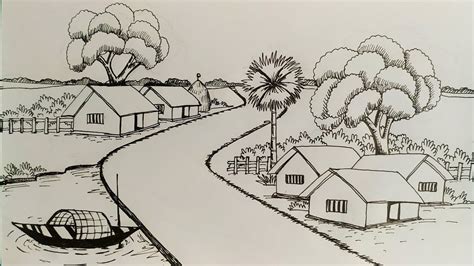 How To Draw A Beautiful Village Scenery Drawing Step By Step