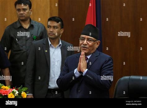 Nepalese Prime Minister Pushpa Kamal Dahal Greets The Gathering After