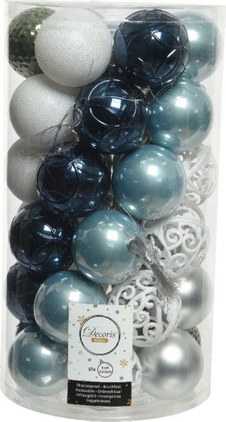 Decoris Kerstballen 37x ST Kunststof 6 Cm Blauw Wit Zilver