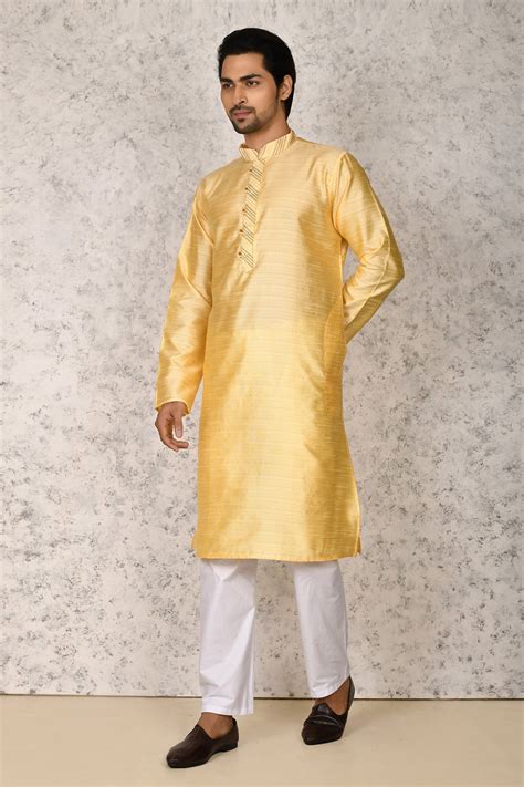 Buy Yellow Kurta Banarasi Silk Pant Silk Plain Mandarin Collar Kurta