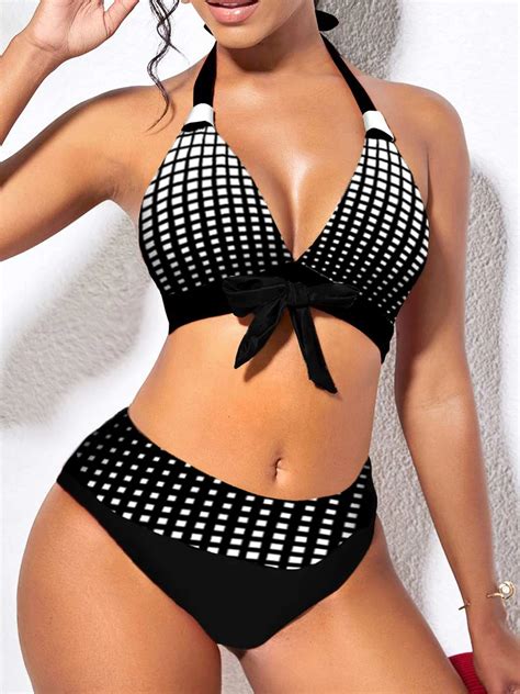 Maillot De Bain Rayures Col Licou Soutien Gorge Push Up Culotte Taille