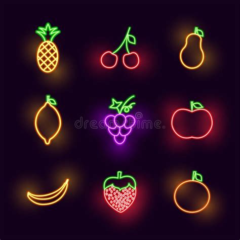 Conjunto De Frutos De Neón Vector Ilustración De Objetos De Alimentos