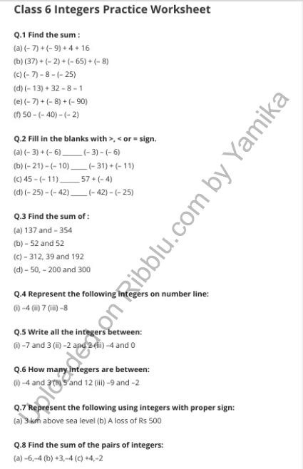 Cbse Class 6 Maths Integers Worksheets