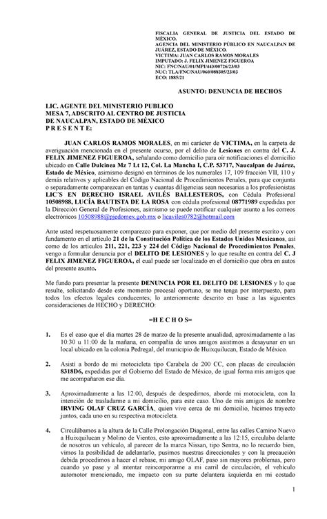 Denuncia DE Hechos Lesiones FISCALIA GENERAL DE JUSTICIA DEL ESTADO