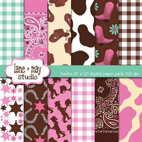 Digital Scrapbook Papers Pink Brown And Aqua Cowgirl Themed