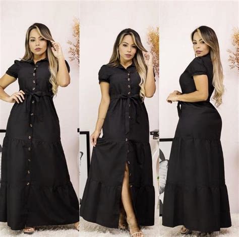 vestidos femininos Longo evangelico Tres Marias botão soltinho moda