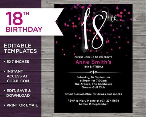 Pink 18th Birthday, 18th Birthday Invitation, Invitation Template, 18th Birthday Invitati ...