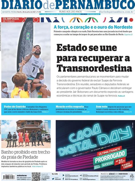 Capa Diario de Pernambuco Edição Quarta 28 de Julho de 2021