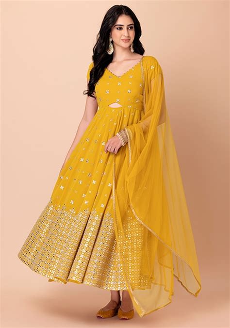 Buy Women Mustard Yellow Mirror Sequin And Zari Embroidered Anarkali