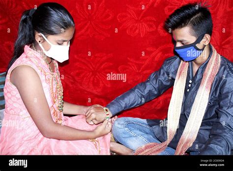 Indian Brother And Sister Wearing Protective Mask Happy Raksha Bandhan Festival Rakhi