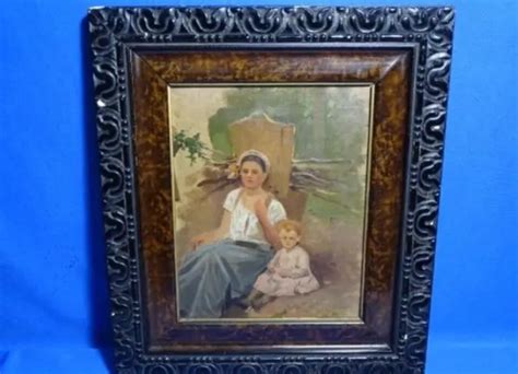 Tableau Ancien Huile Sur Toile Portrait De Femme Et Jeune Fille Xx Me