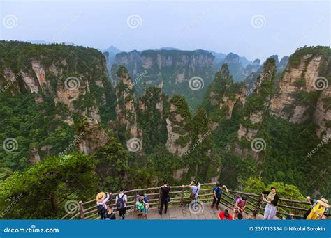 Wulingyuan, China - May 27, 2018: Tourists on Pathway in Tianzi Avatar ...