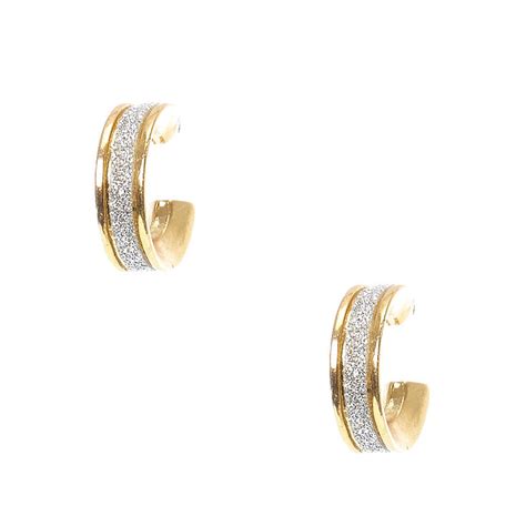 Gold 10mm Silver Glitter Hoop Earrings Claire S