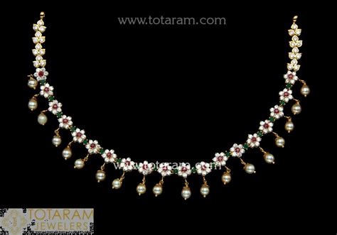 22k Gold Necklace With Cz Color Stones And Japanese Culture Pearls