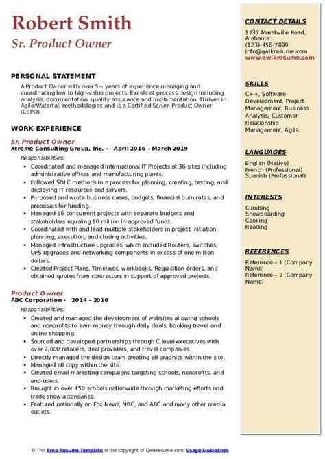 Product Owner Resume Samples Qwikresume