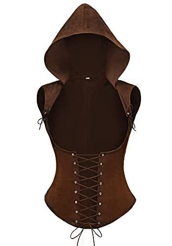 Furphi Womens Steampunk Underbust Corset Vest With Hood Lace Up Faux