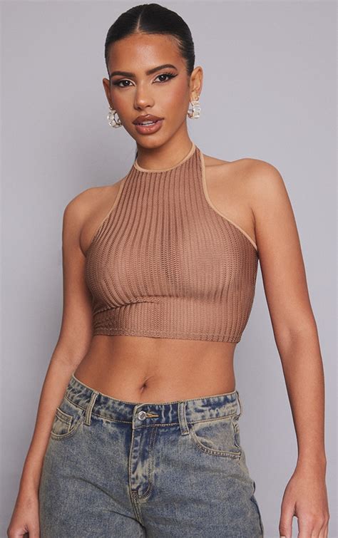 Chocolate Sheer Halter Crop Top Tops Prettylittlething Usa