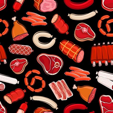 Premium Vector Butchery Food Seamless Pattern Meat And Sausages