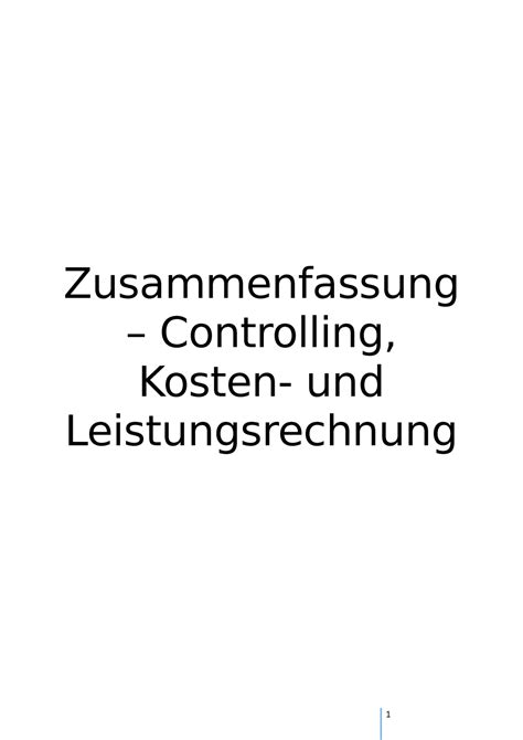 Controlling Kosten Und Leistungsrechnung Zusammenfassung Notizen