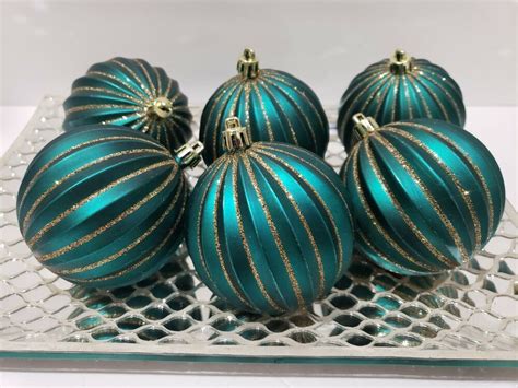 Christmas Peacock Teal Green Gold Glitter Tree Ornaments Decor Set Of 6