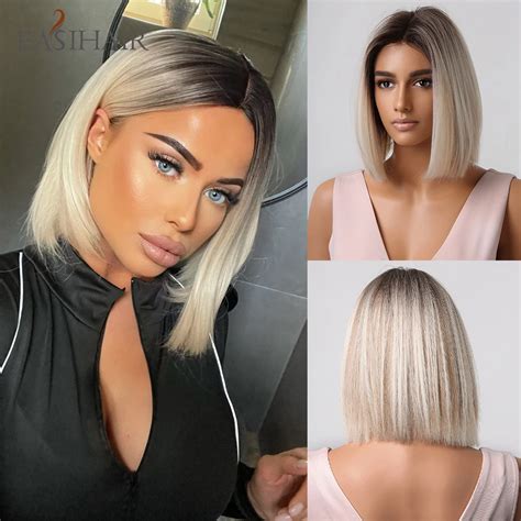 Short Straight Bob Wigs Ash Blonde Ombre Natural Hair Dark Root