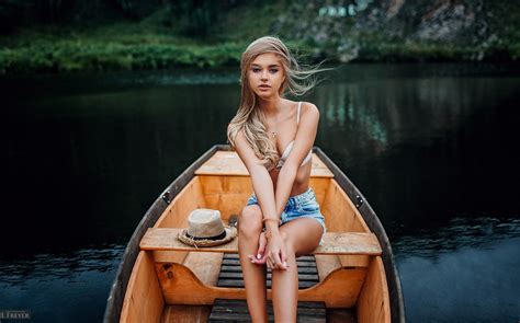 Wallpaper Sitting Evgeny Freyer Blonde Jean Shorts Boat White