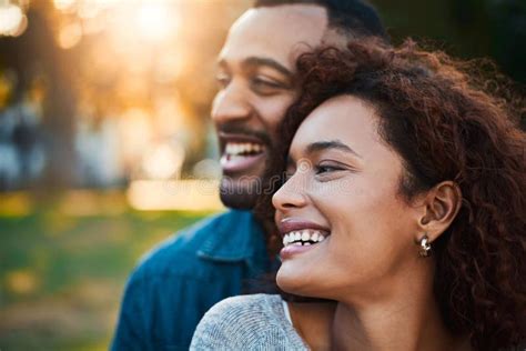 Happy Couple Hug And Date In Outdoor Nature Laughing And Relationship